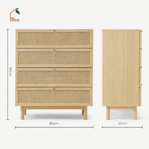 MEY, Tủ lưu trữ phối lưới mây mộc mạc, trang nhã, 80x40x90cm, MDF phủ Melamine, Nội thất Nhà Trên Cao