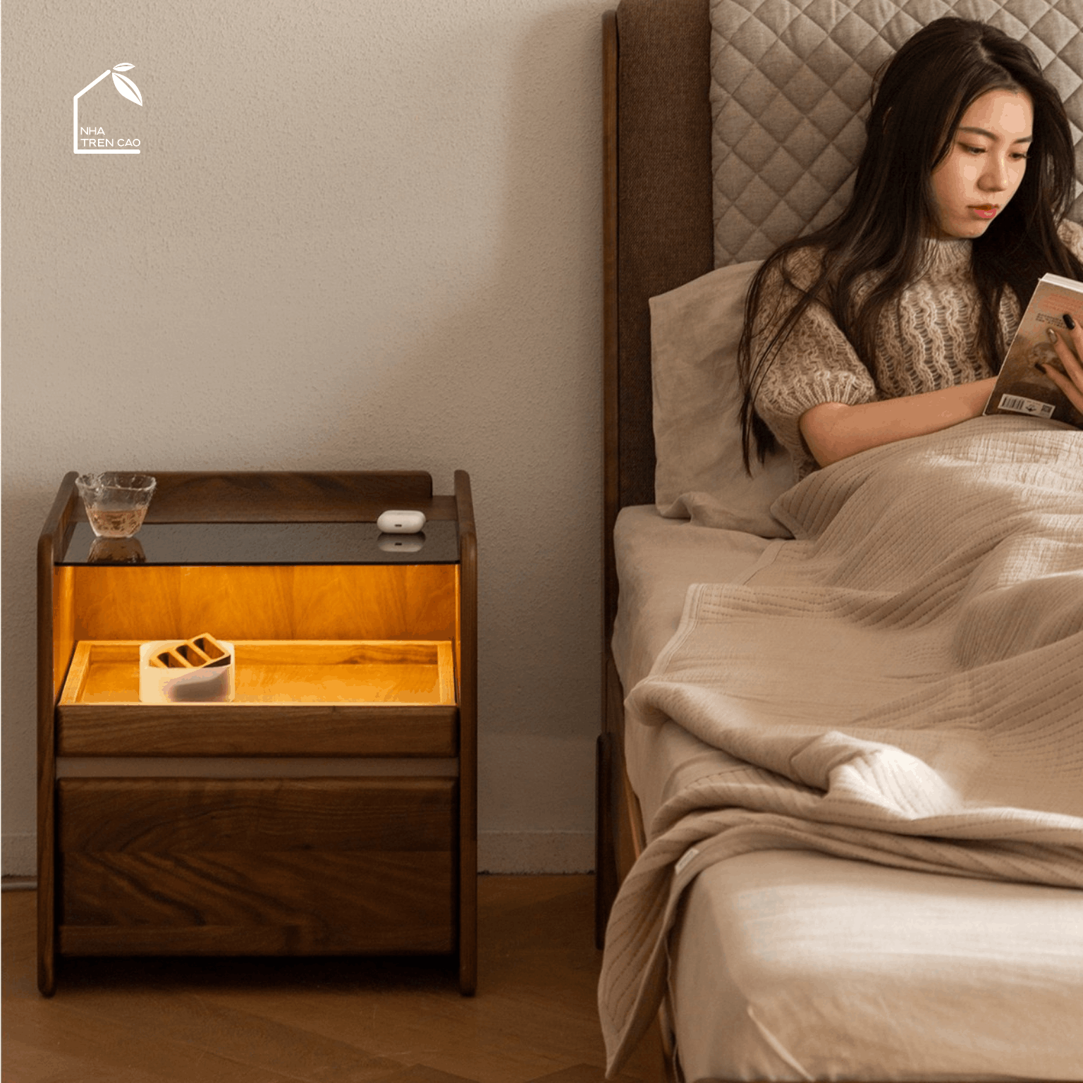 SOLIN, TDG_009, Tủ đầu giường sang trọng, 45x40x50cm, Plywood phủ Veneer, Nội thất Nhà trên cao