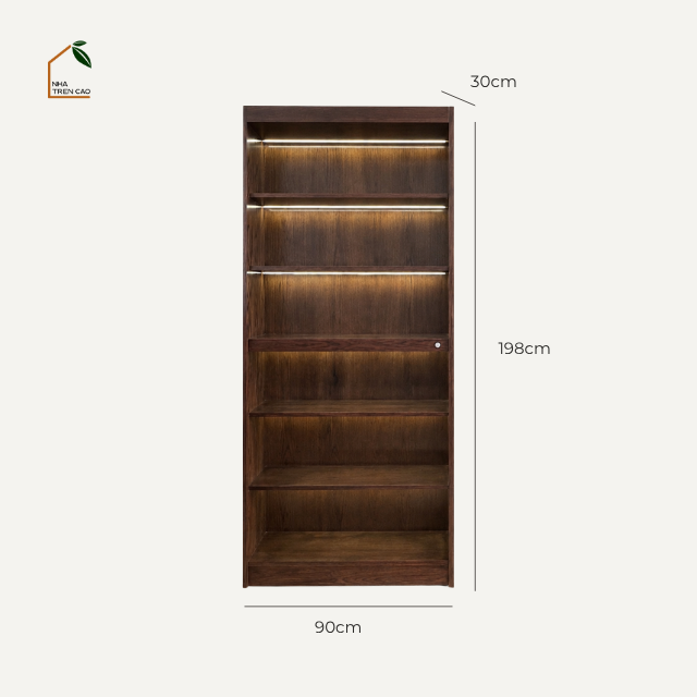SOLIN, KS_013, kệ sách có đèn hiện đại sang trọng, 90x30x198cm, Plywood phủ veneer, Nội thất Nhà trên cao