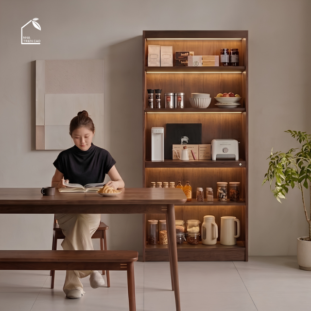 SOLIN, KS_013, kệ sách có đèn hiện đại sang trọng, 90x30x198cm, Plywood phủ veneer, Nội thất Nhà trên cao