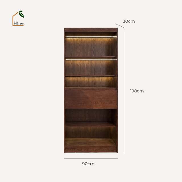 SOLIN, KS_014, kệ sách hiện đại có đèn, 90x30x198cm, Plywood phủ veneer, Nội thất Nhà trên cao