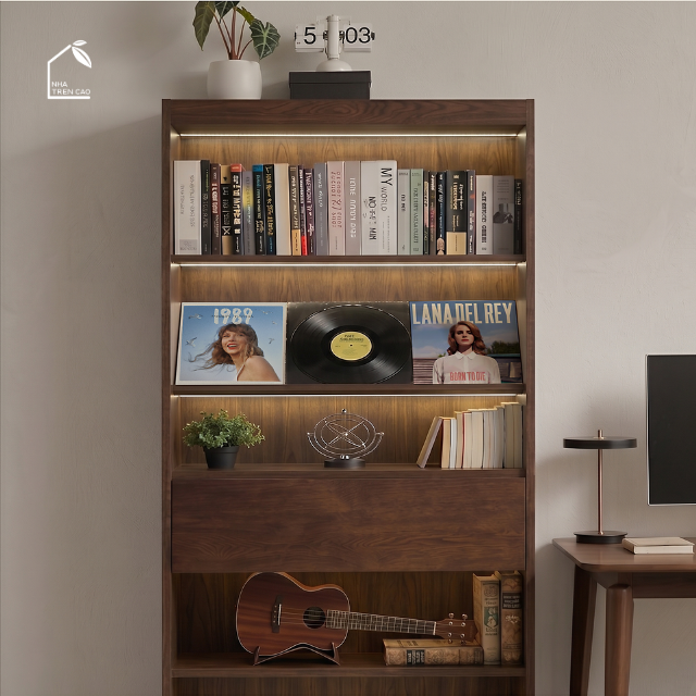 SOLIN, KS_014, kệ sách hiện đại có đèn, 90x30x198cm, Plywood phủ veneer, Nội thất Nhà trên cao