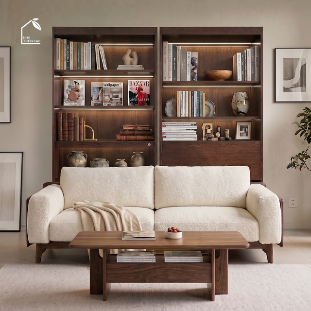 SOLIN, KS_014, kệ sách hiện đại có đèn, 90x30x198cm, Plywood phủ veneer, Nội thất Nhà trên cao