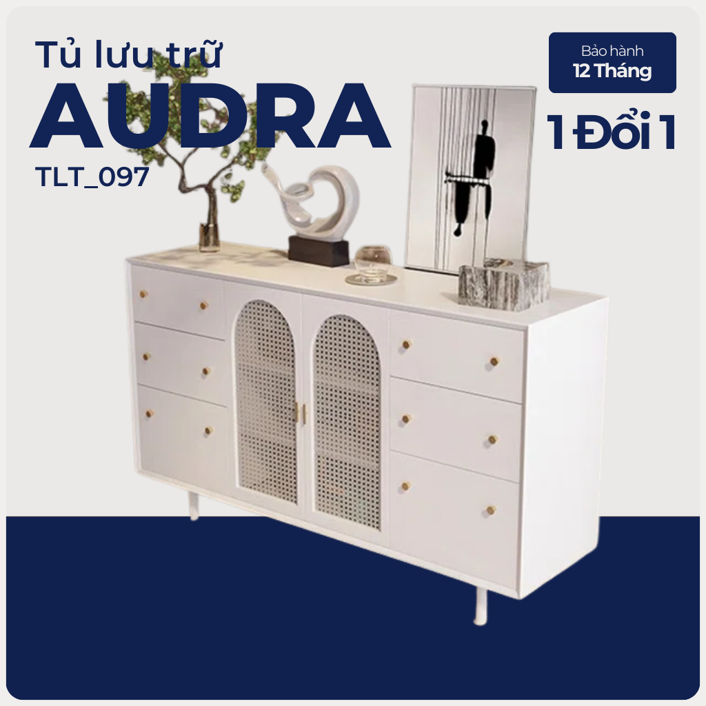 AUDRA, Tủ trang trí lưới mây tre, TLT_097, 140x40x90cm, MDF phủ sơn 2K, Nội thất Nhà trên cao