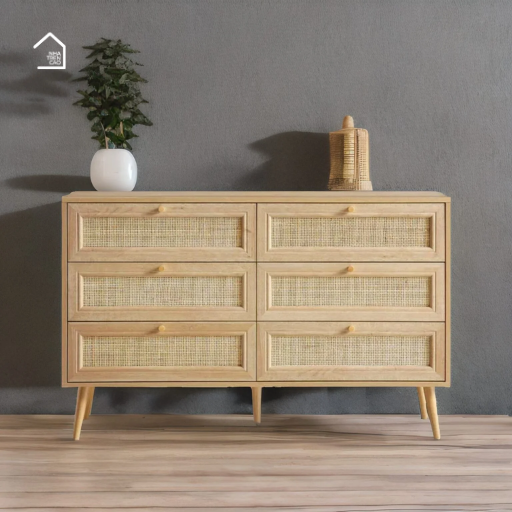 LUDI, Tủ lưu trữ phối lưới mây tre, TLT_014, 120x40x80cm, Gỗ cao su phủ sồi, Nội thất Nhà trên cao