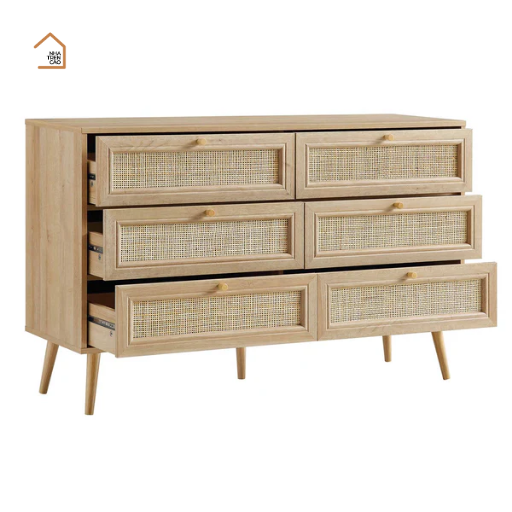 LUDI, Tủ lưu trữ phối lưới mây tre, TLT_014, 120x40x80cm, Gỗ cao su phủ sồi, Nội thất Nhà trên cao