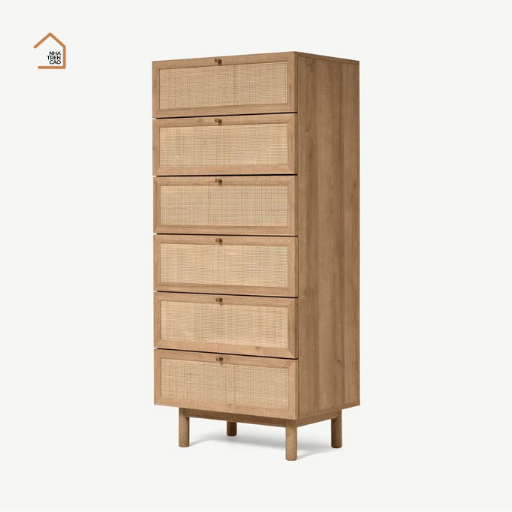 LAVIA, Tủ lưu trữ phối lưới mây tre, TLT_068, 60x40x140cm, Gỗ Plywood phủ Veneer, Nội thất Nhà trên cao