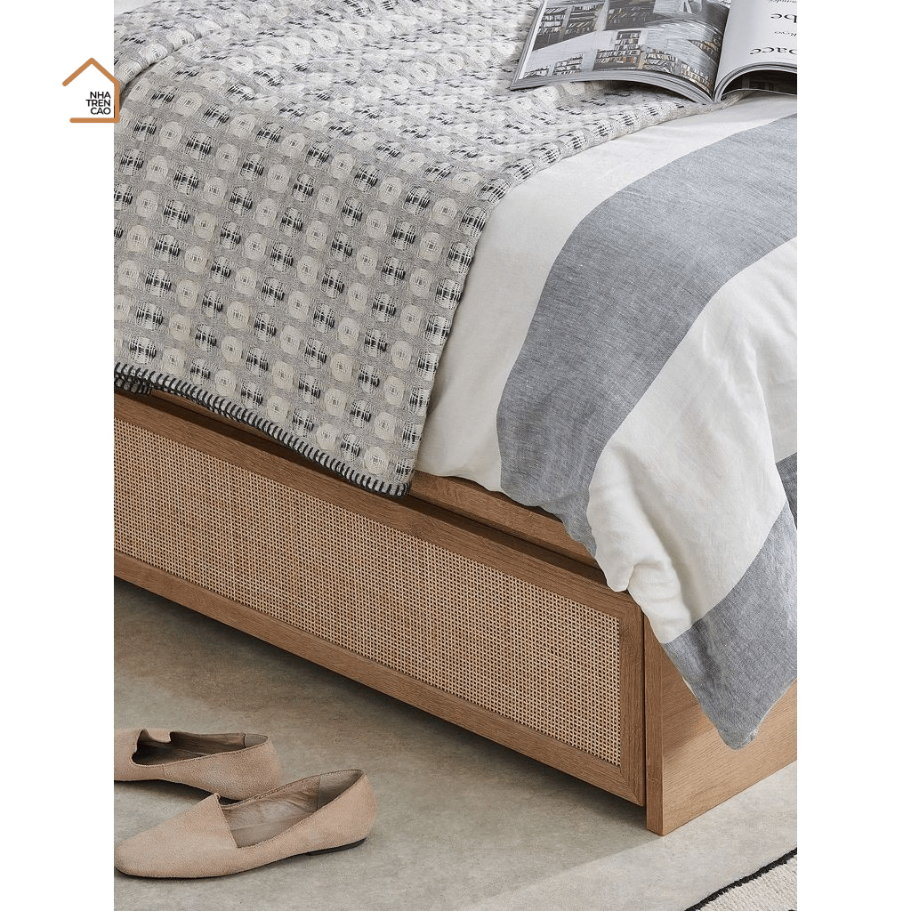 MEY, Giường ngủ phối lưới mây nhẹ nhàng, thư thái, 200x160x35cm, MDF phủ Melamine, Nội thất Nhà Trên Cao