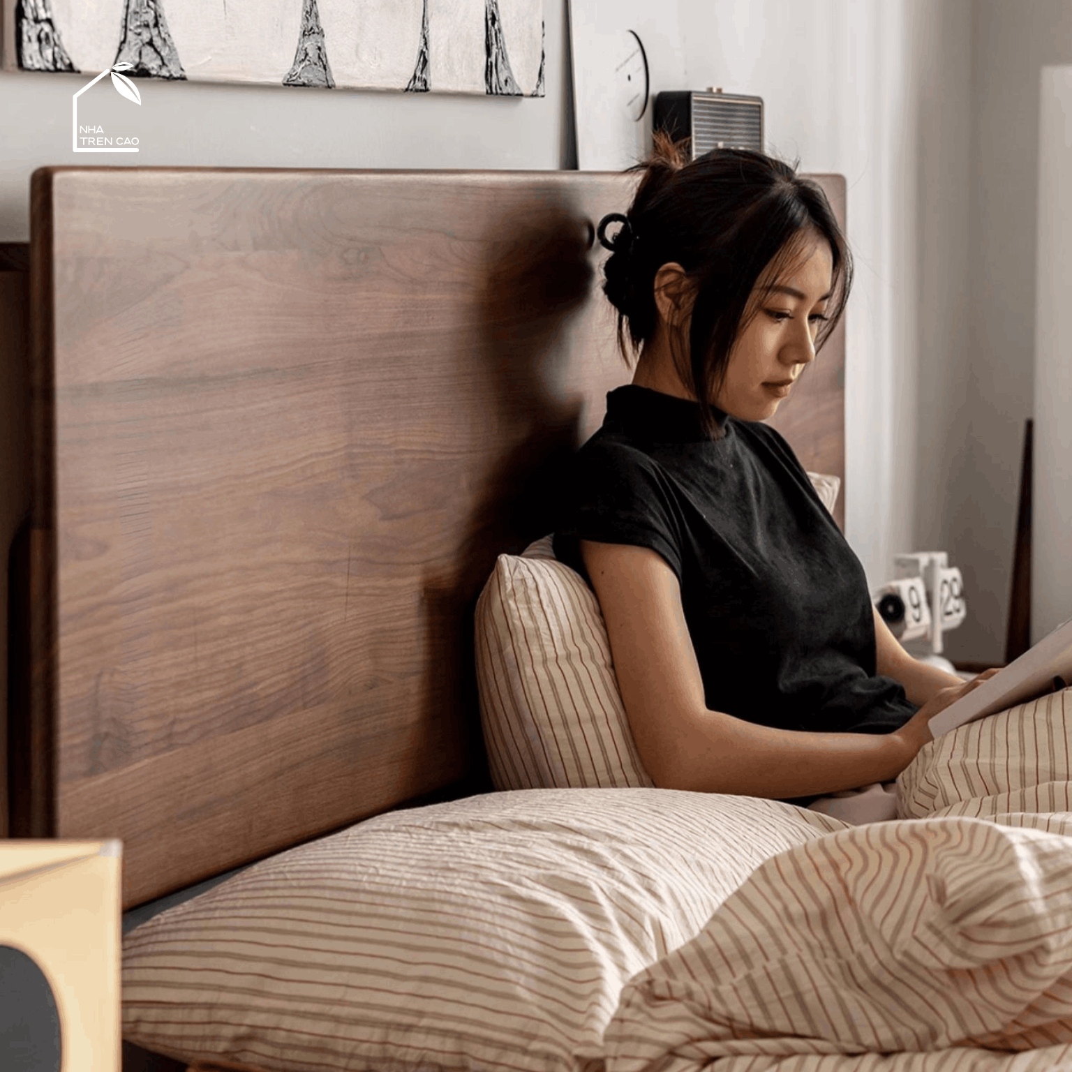 LINEA, GN_018, Giường ngủ phong cách sang trọng tối giản, 200x160x100cm, Plywood phủ veneer, Nội thất Nhà trên cao