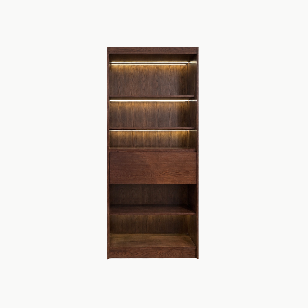SOLIN, KS_014, kệ sách hiện đại có đèn, 90x30x198cm, Plywood phủ veneer, Nội thất Nhà trên cao