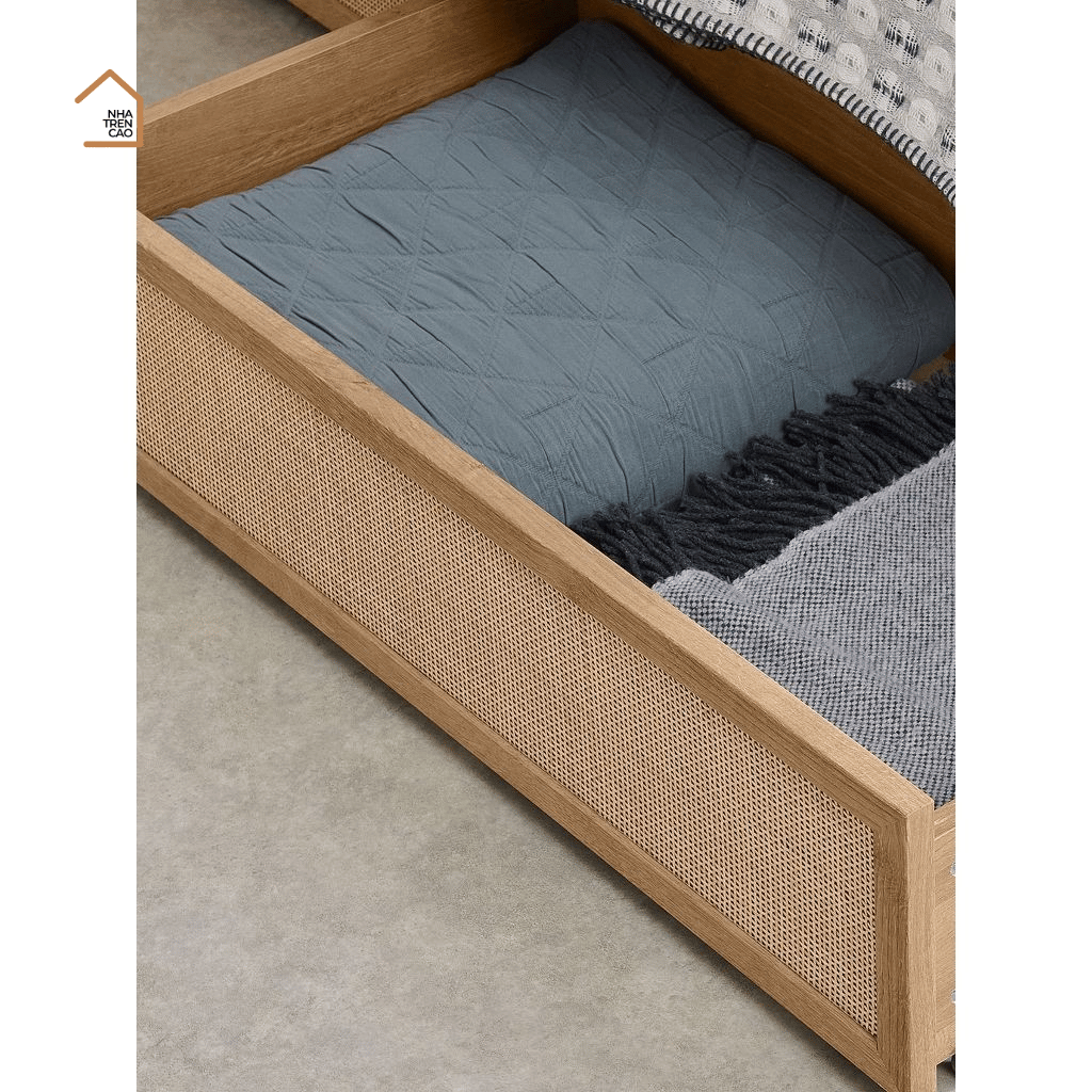 MEY, Giường ngủ phối lưới mây nhẹ nhàng, thư thái, 200x160x35cm, MDF phủ Melamine, Nội thất Nhà Trên Cao