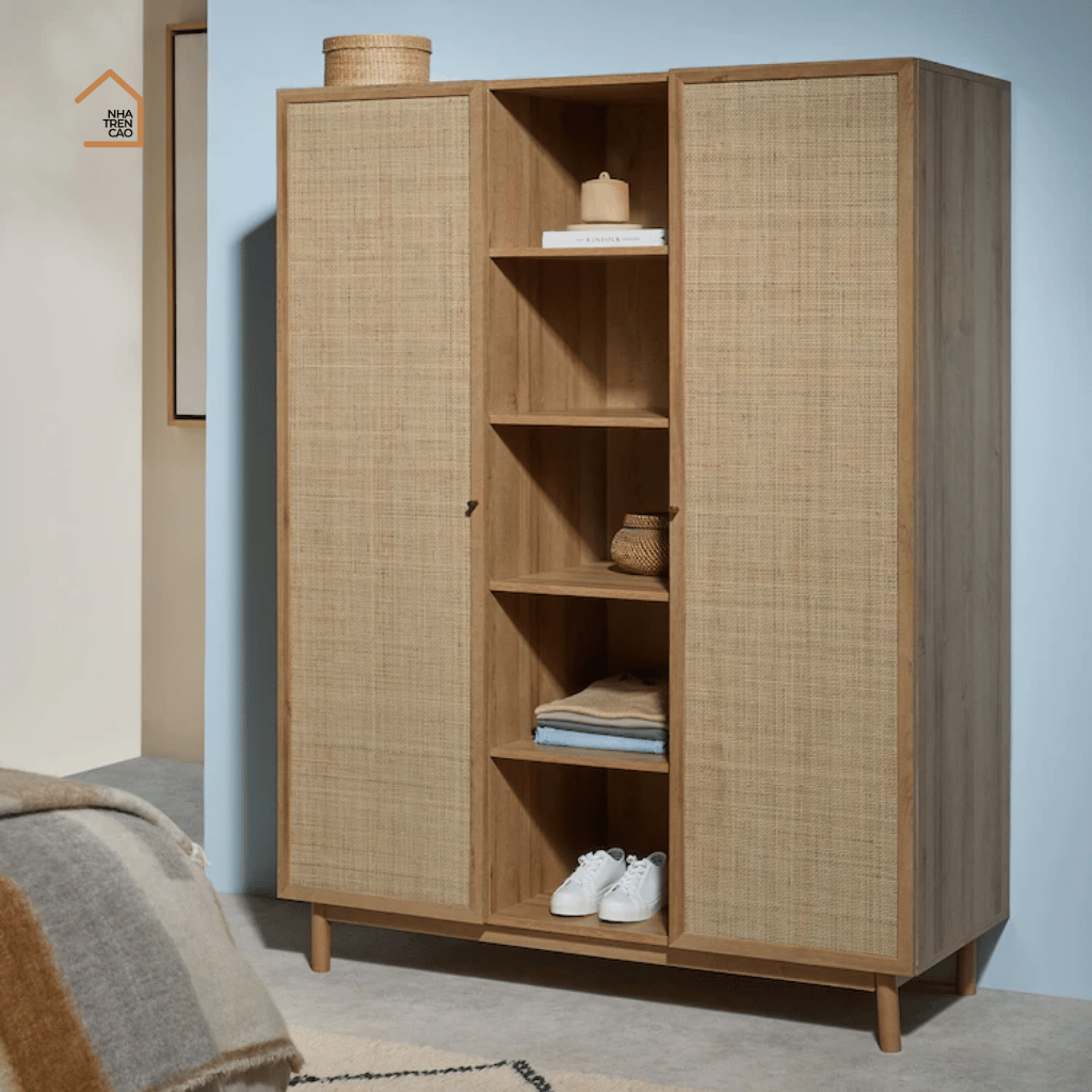 MEY, TQA_010, Tủ quần áo phối lưới mây tre, 140x55x180cm, MDF phủ Melamine, Nội thất Nhà Trên Cao