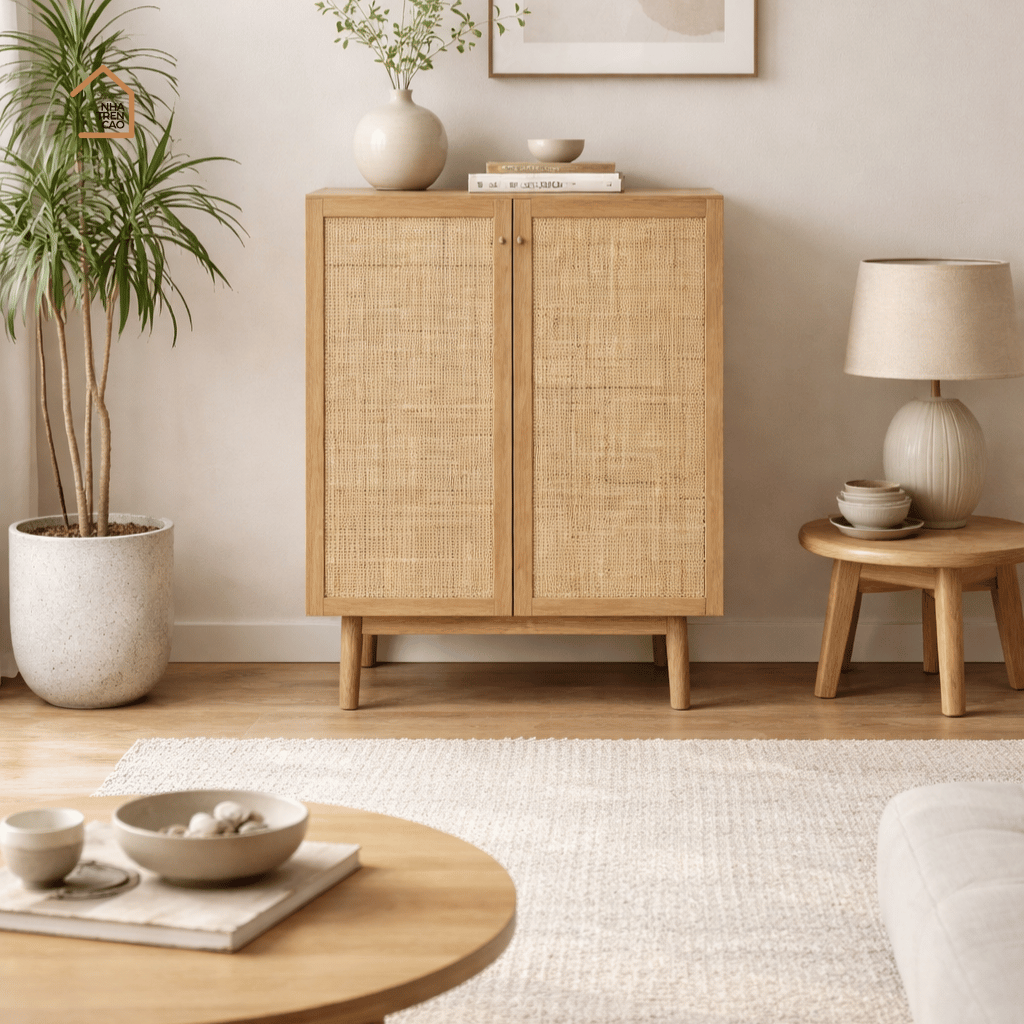 MEY, Tủ lưu trữ phối lưới mây hài hòa công năng, 70x40x90cm, MDF phủ melamine, Nội thất Nhà Trên Cao
