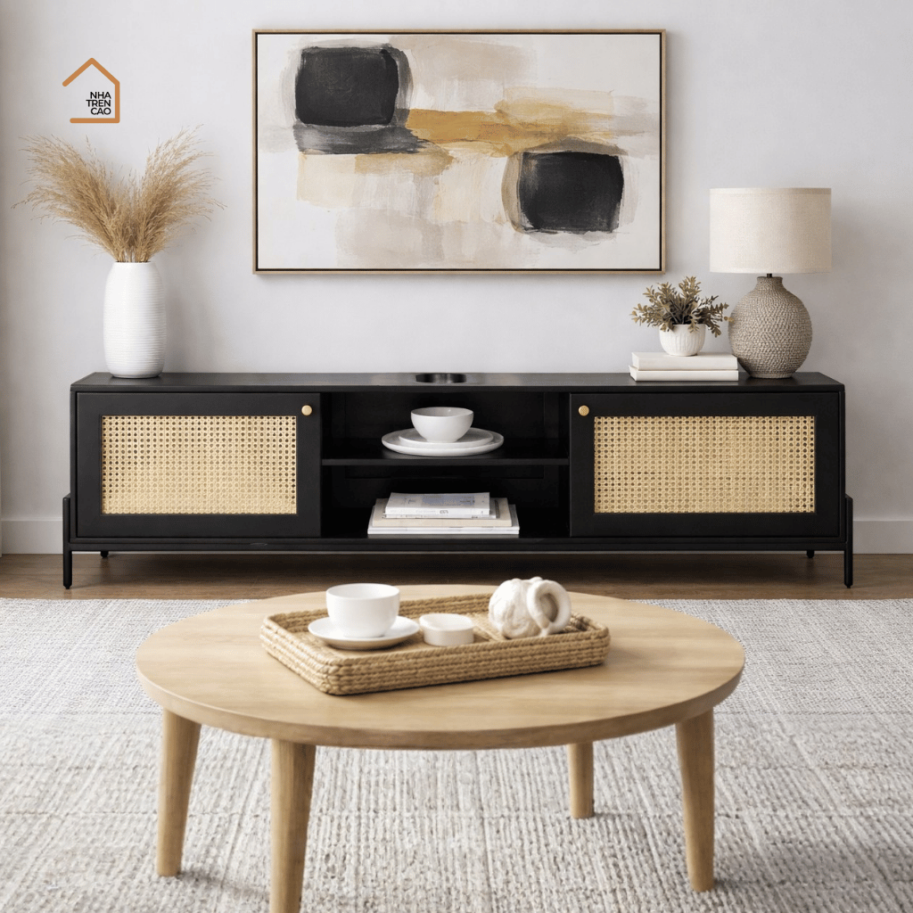 GALON, TTV_064, 160x40x55cm , Kệ tivi phối lưới mây tre tối giản, Gỗ MDF phủ sơn 2K, Nội thất Nhà trên cao