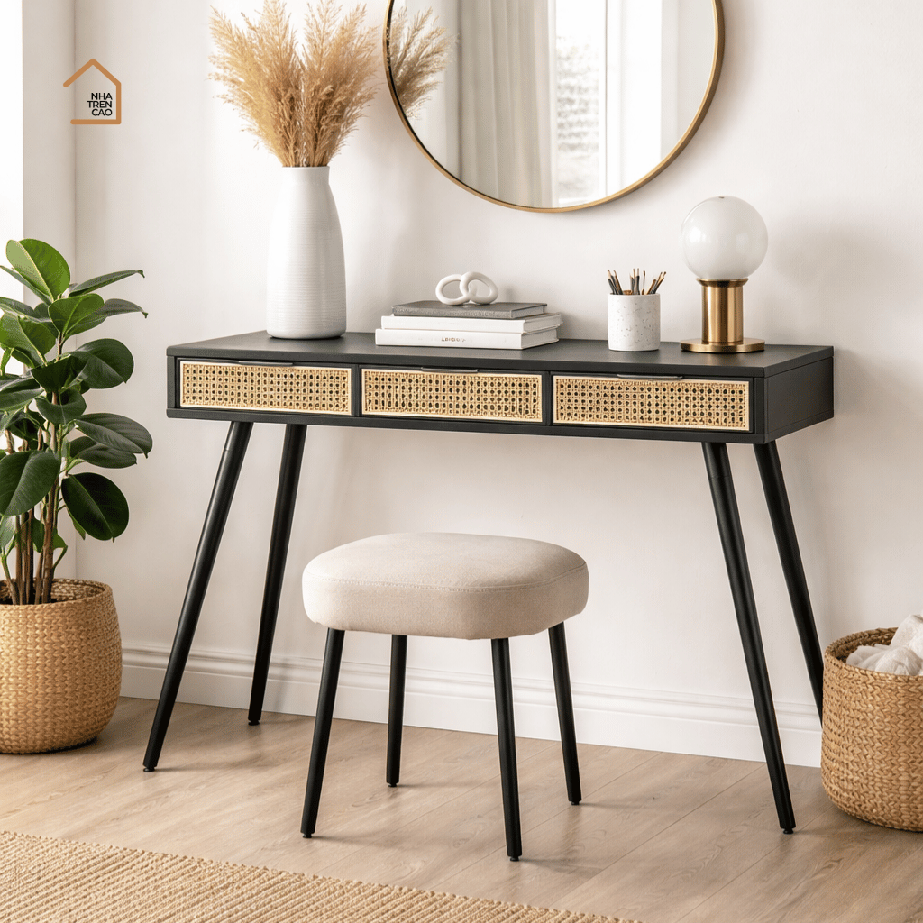 GALON, BTD_007, Bàn trang điểm hiện đại, 120x40x75cm, MDF phủ sơn 2K phối lưới mây tre, Nội thất Nhà Trên Cao