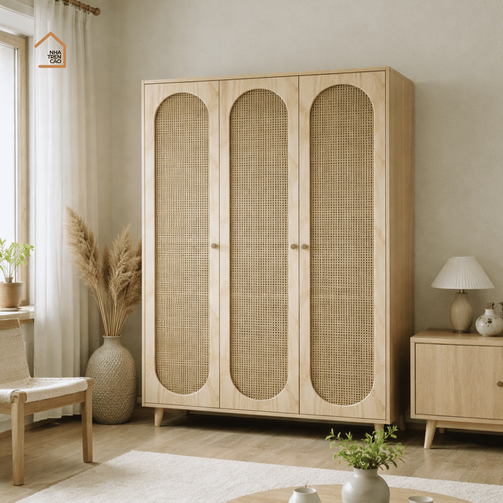 TARA, TQA_012, Tủ quần áo phối lưới mây tre, 120x60x200cm, Nội thất Nhà trên cao