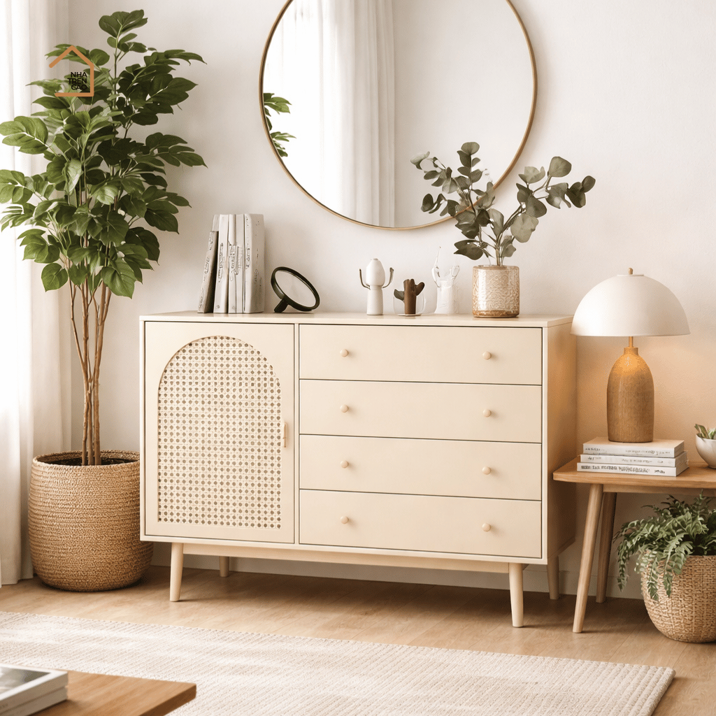 AUDRA, TLT_096, Tủ lưu trữ trang trí phối lưới mây tre, 100x40x90cm, MDF phủ sơn 2K, Nội thất Nhà trên cao