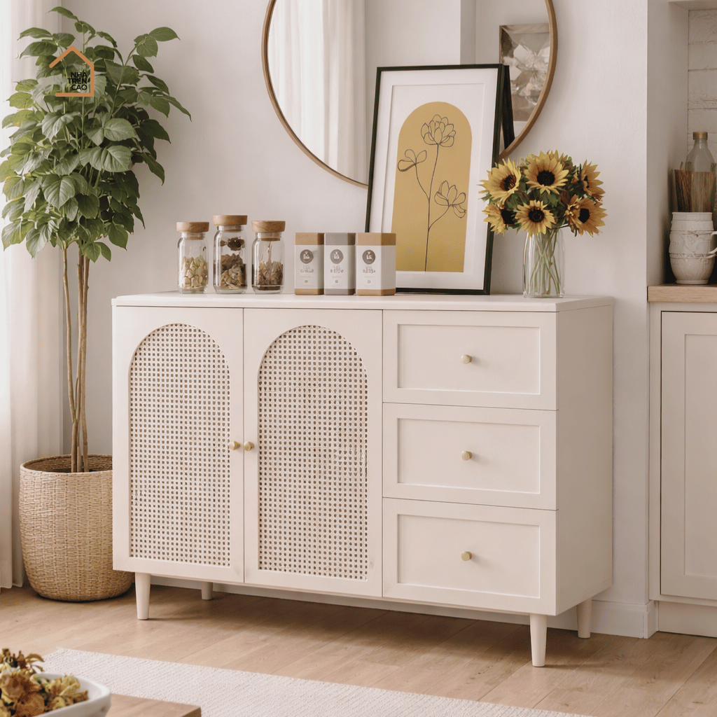 CHIC, TLT_034, Tủ lưu trữ trang trí hiện đại, 120x40x80cm, Gỗ MDF phủ sơn 2K Phối mây tre, Nội thất Nhà trên cao