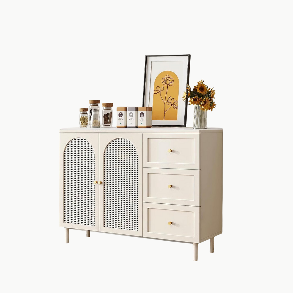 CHIC, TLT_034, Tủ lưu trữ trang trí hiện đại, 120x40x80cm, Gỗ MDF phủ sơn 2K Phối mây tre, Nội thất Nhà trên cao