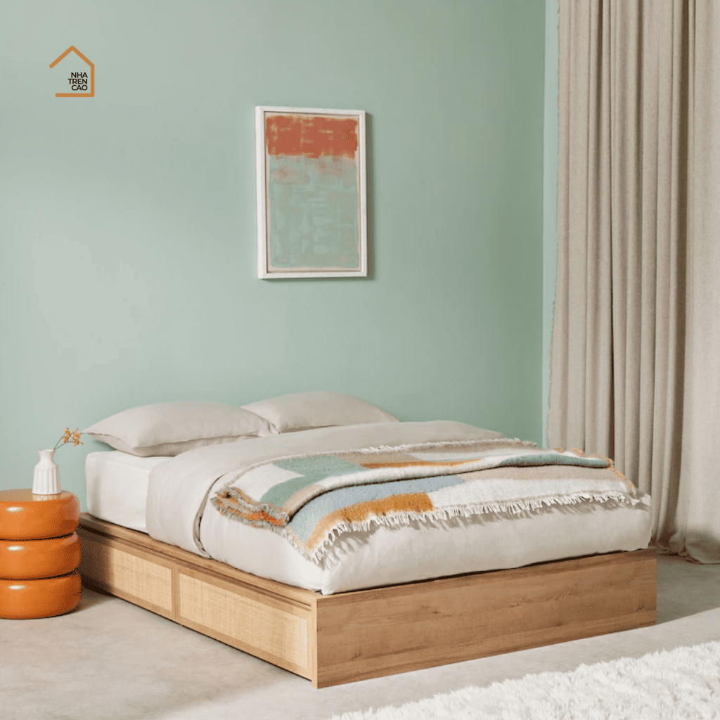 MEY, Giường ngủ phối lưới mây nhẹ nhàng, thư thái, 200x160x35cm, MDF phủ Melamine, Nội thất Nhà Trên Cao