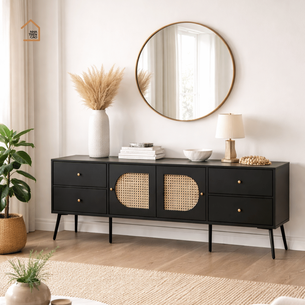 GALON,TTV_002, Kệ tivi phối lưới mây tre tối giản, 180x40x55cm, Gỗ MDF phủ sơn 2K, Nội thất Nhà trên cao