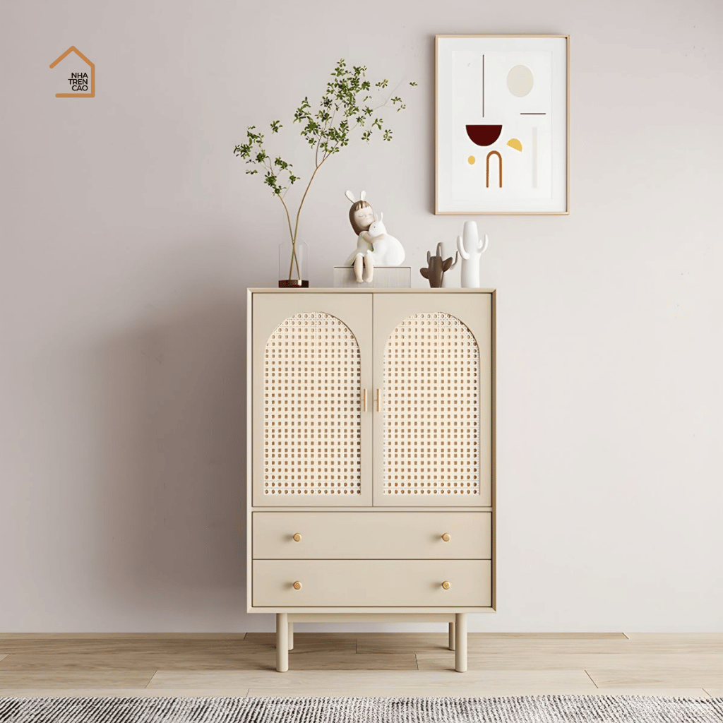 AUDRA, TLT_095, Tủ trang trí lưới mây tre, 60x40x100cm, MDF phủ sơn 2K, Nội thất Nhà trên cao