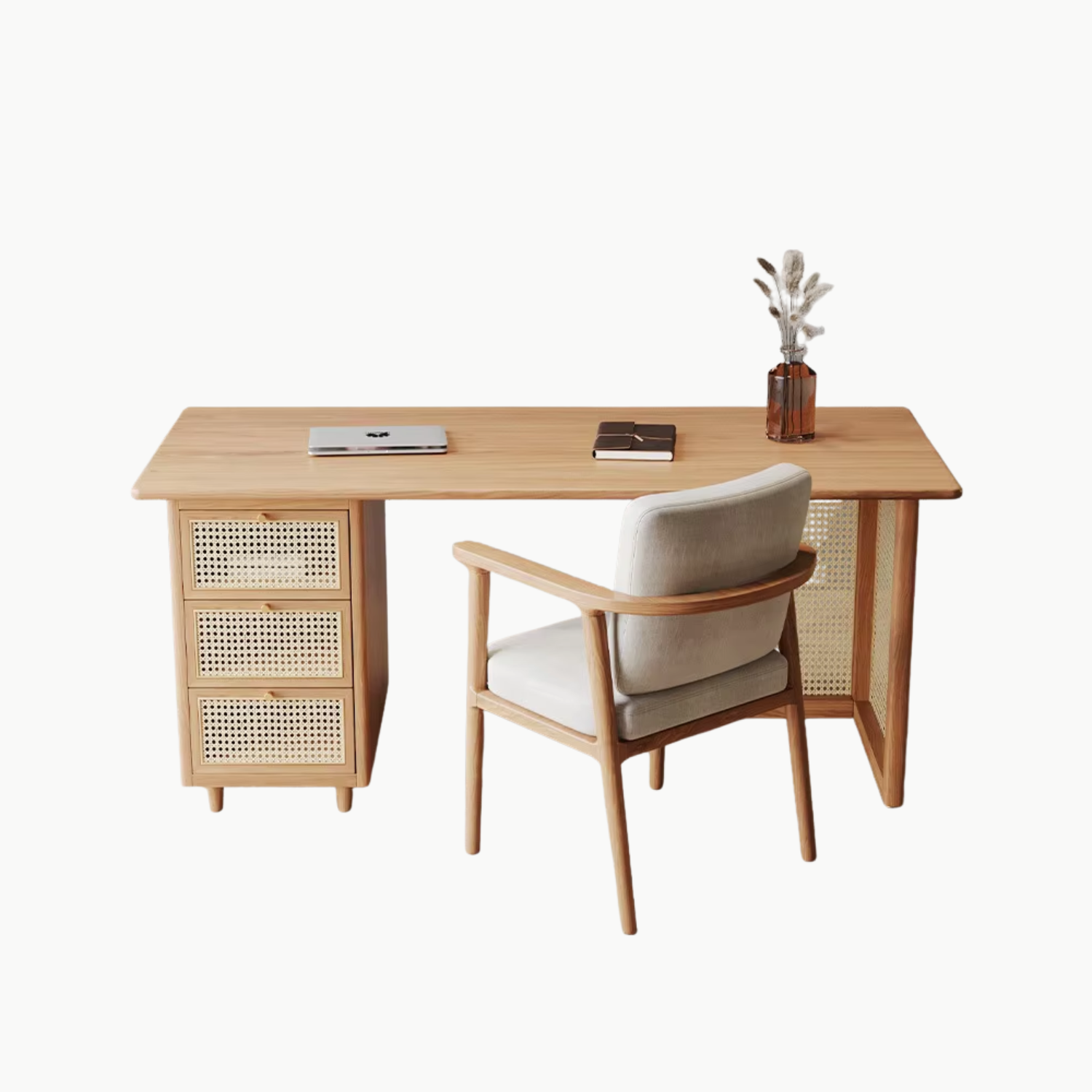 SAER, BLV_007, Bàn làm việc sang trọng hiện đại, 140x60x75cm, Gỗ cao su phủ Veneer phối lưới mây tre, Nội thất Nhà Trên Cao