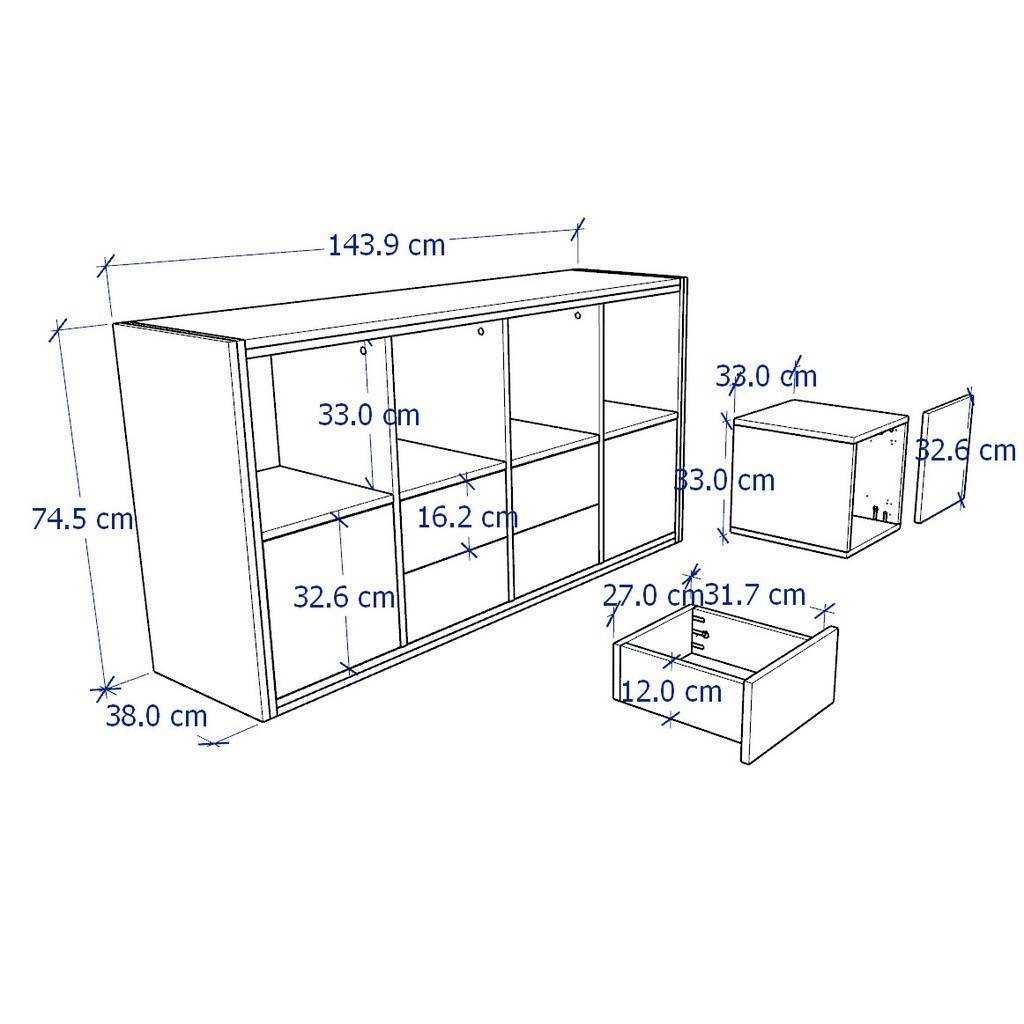 FELLY, Kệ sách 4x2 kèm 4 ô cửa, DSH_026, 144x38x75cm, Nội thất Nhà trên cao
