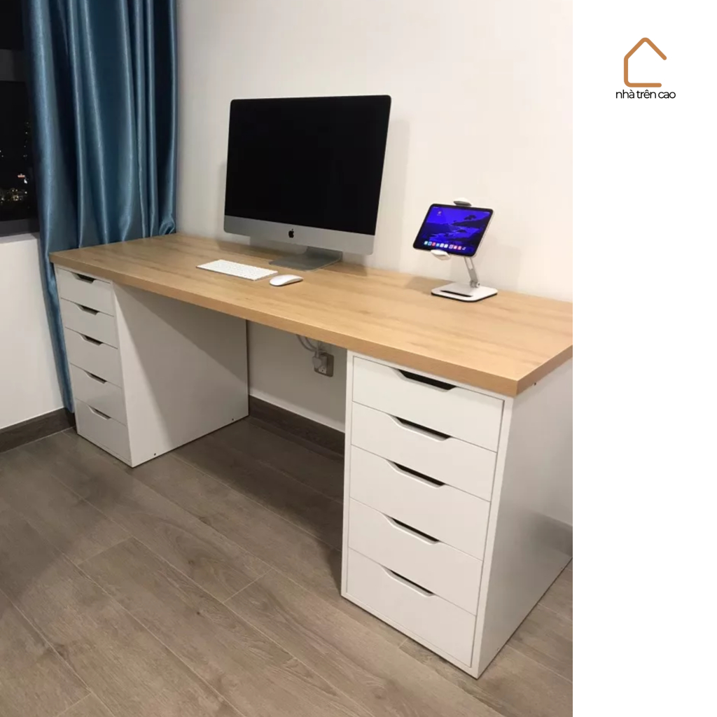 DAISA, Bàn làm việc học tập 2 tủ ngăn kéo, DES_003, 140x60x75cm, Nội thất Nhà trên cao