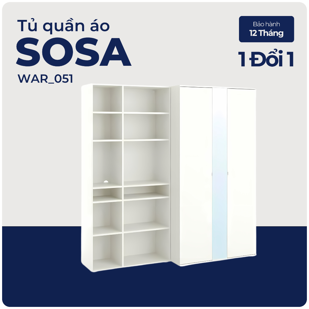 SOSA, COMBO Tủ quần áo kèm kệ để đồ đồ dùng, WAR_051, 200x55x200cm, Nội thất Nhà trên cao