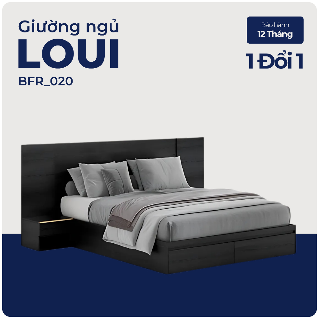 LOUI, Giường ngủ hiện đại 2 hộc kéo kèm 2 táp, BFR_020, 200xChiều rộngx30cm, Nội thất Nhà trên cao