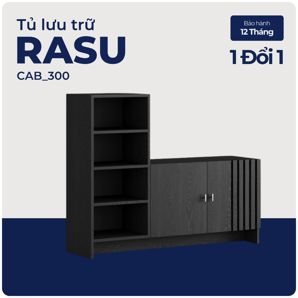 RASU, Kệ 4 tầng kèm tủ 2 cánh mở, CAB_300, 120x35x97cm, Nội thất Nhà trên cao