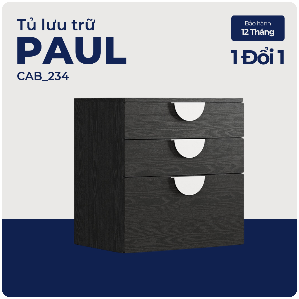PAUL, Tủ lưu trữ 3 ngăn 1 hộc to kèm tay nắm, CAB_234, 60x57x63cm, Nội thất Nhà trên cao
