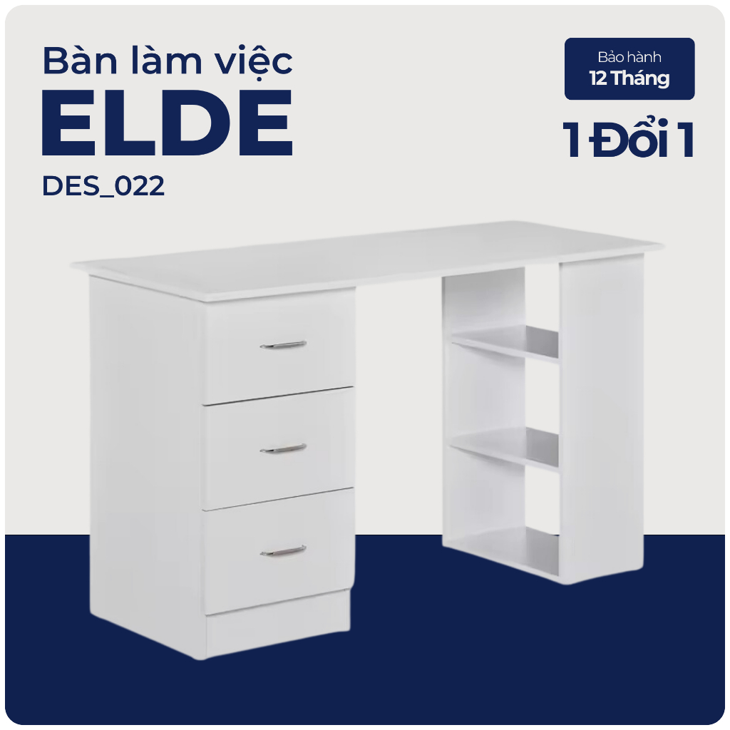 ELDE, Bàn làm việc 3 ngăn tủ kéo kèm kệ sách, DES_022, 120x48x77cm, Nội thất Nhà trên cao