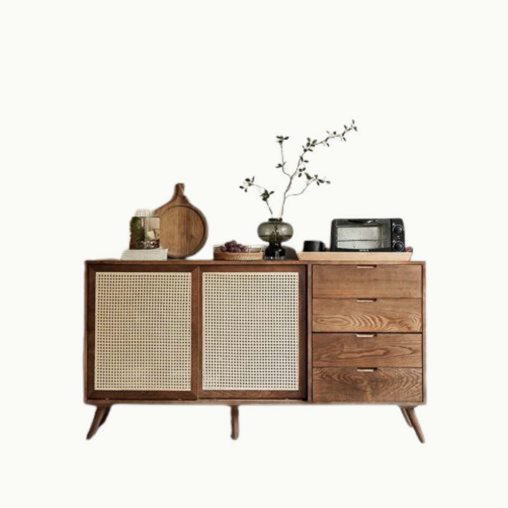 YINZA, TLT_065, Tủ lưu trữ phong cách cổ điển phối mây tre, 140x40x90cm, Nội thất Nhà trên cao.