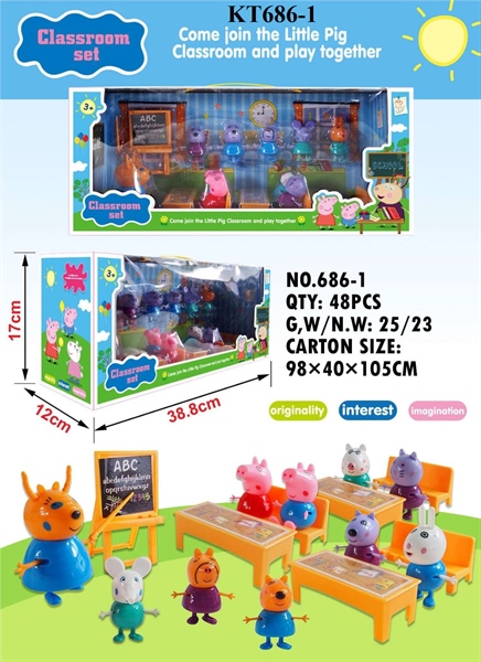 KT686-1 HỘP LỚP HỌC HEO HỒNG+ BÀN+ GHẾ+ BẢNG+10C HEO HỒNG CLASSROOM SET 38.8X12X17