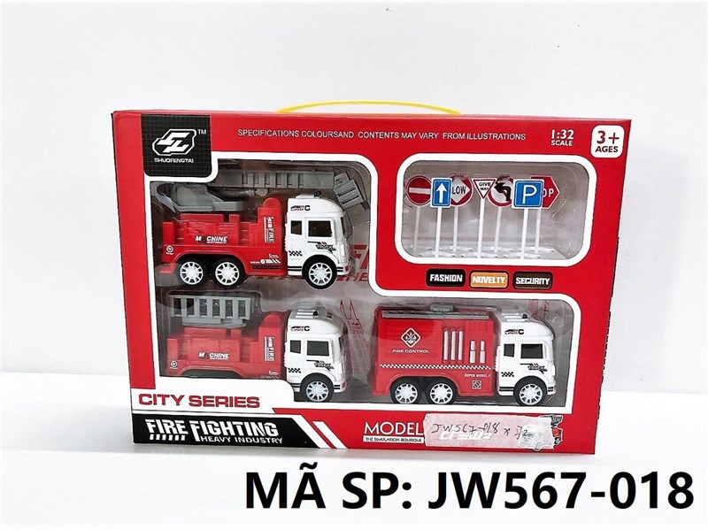 JW567-018 HỘP XE CT CỨU HỎA TRỚN 3C ĐỦ MẪU + BIỂN BÁO TL 1:32 Fire Fighting