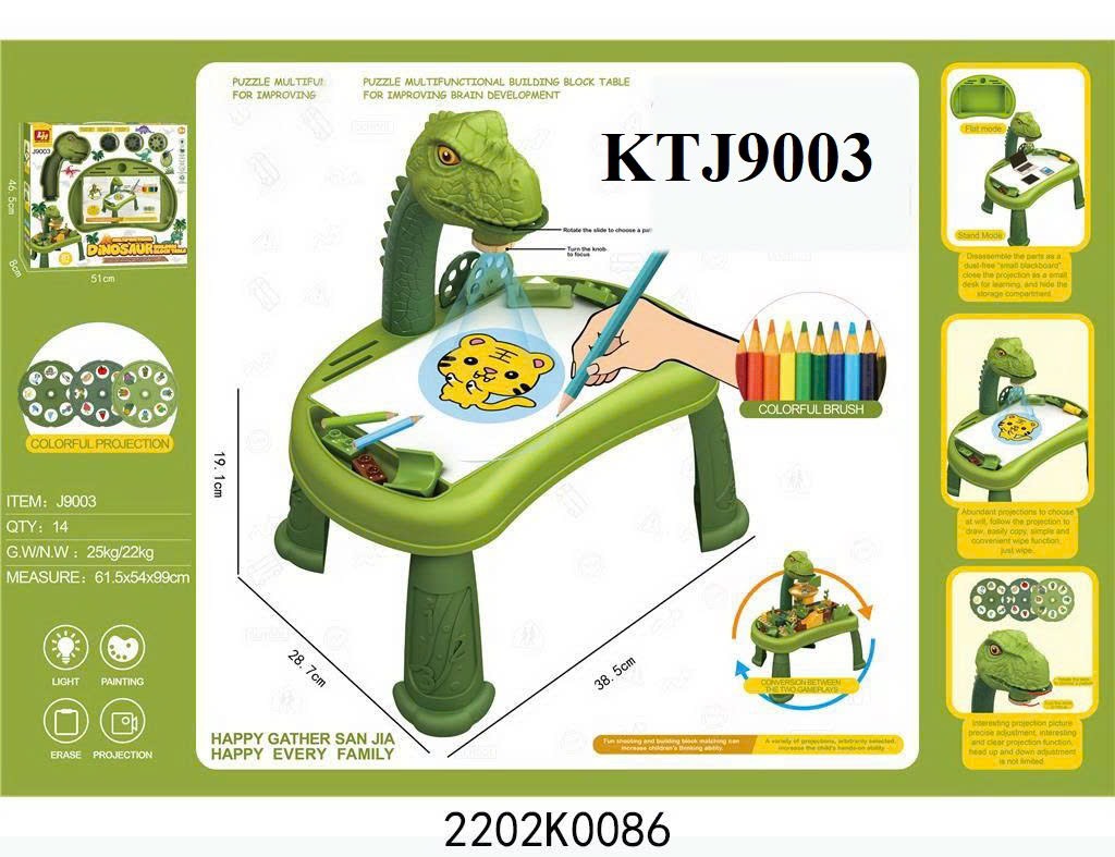 KTJ9003 HỘP BÀN BẢNG XÓA KHỦNG LONG PIN ĐÈN CHIẾU HÌNH+ BÚT MÀU+ LOGO RÁP CẦU TRƯỢT BANH 81 MIẾNG 51X8X46.5