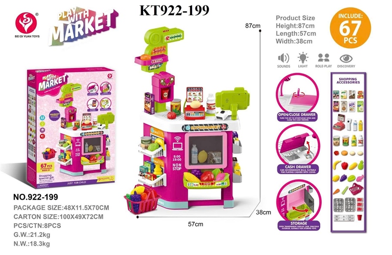KT922-199 HỘP KỆ BẾP QUẦY MÁY TÍNH TIỀN SIÊU THỊ PIN+ GIỎ ĐỒ 67 MIẾNG PLAY WITH MARKET 48X11.5X70 HỒNG
