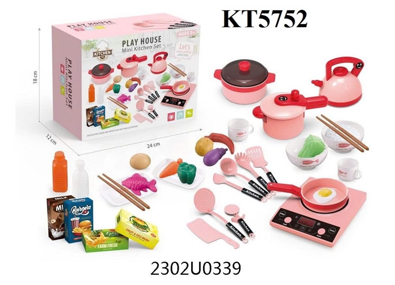 5752  HỘP BẾP ĐIỆN PIN ĐÈN, 2 NỒI, 1 CHẢO, ẤM NƯỚC, CHÉN, DĨA, DAO, LY, BÁNH, RAU CỦ (NHIỀU MÓN) PLAY HOUSE (HỒNG)