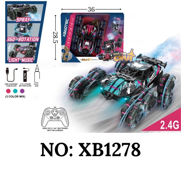 KTXB1278 HỘP XE HƠI ĐỊA HÌNH LỘN ĐK PHUN KHÓI, CÓ SẠC+ ĐỒNG HỒ ĐK, 8 BÁNH NHẠC ĐÈN ALLOY XB1279