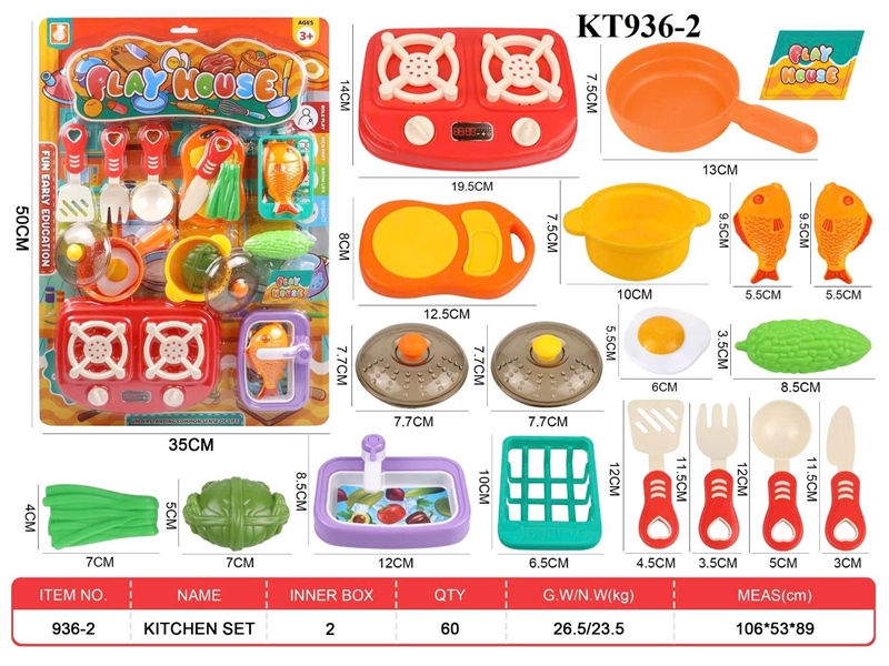 KT936-2 VĨ BẾP GAS ĐÔI+ NỒI+ CHẢO TRỨNG ỐP LA+ BỒN RỬA CÁ+ RỔ CÁ+ KHỔ QUA+ DAO+ THỚT PLAY HOUSE 35X50