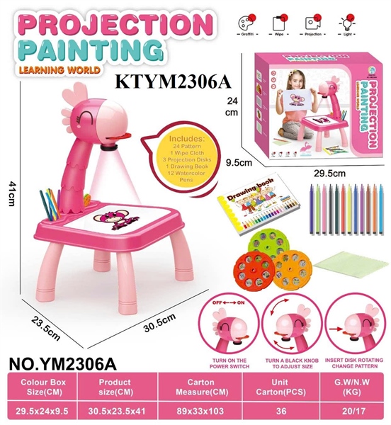 KTYM2306A  HỘP BÀN BẢNG XÓA CHIM HỒNG HẠT PIN CHIẾU HÌNH+ BÚT MÀU PROJECTION PAINTING 29.5X9.5X24