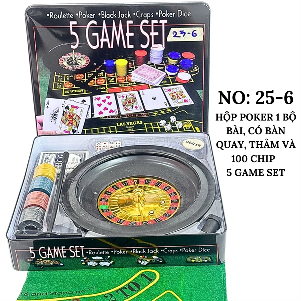 HỘP POKER 1 BỘ BÀI, CÓ BÀN QUAY, THẢM VÀ 100 CHIP 5 GAME SET