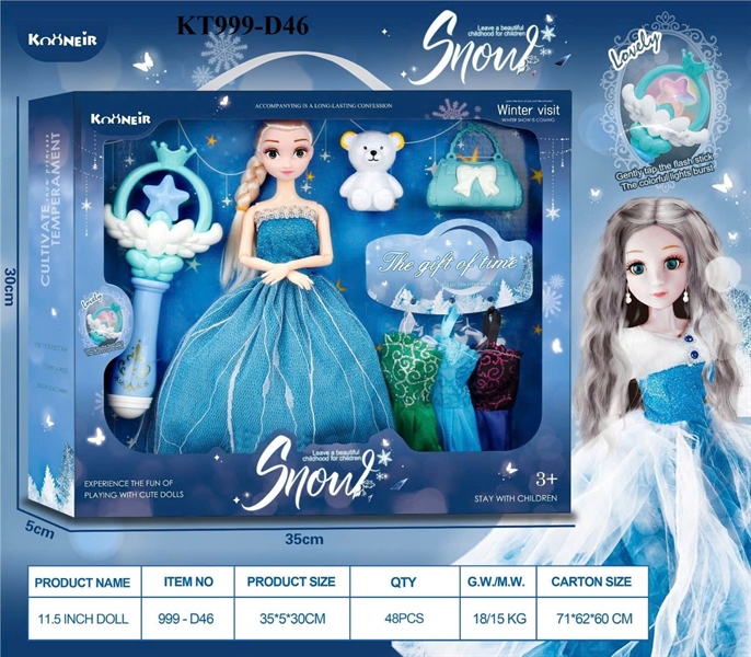 KT999-D46 HỘP BABY FROZEN 1C KHỚP, MẮT THỦY TINH+ TRƯỢNG PIN NÚT ĐÈN+ 3C ÁO+ 1C GẤU+ TÚI XÁCH 11,5 INCH SNOW 35X5X30