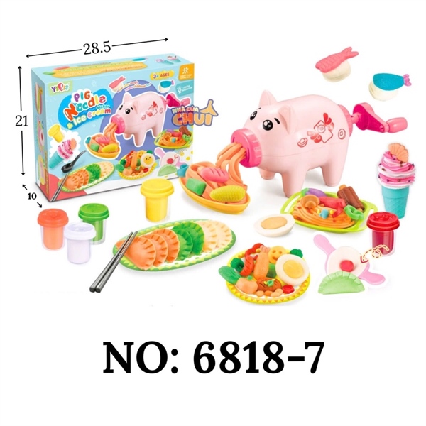 6818-7 HỘP ĐẤT SÉT LÀM MÌ, KEM + MÁY LÀM MÌ HEO 5 HŨ Pig Noodle & Ice Cream