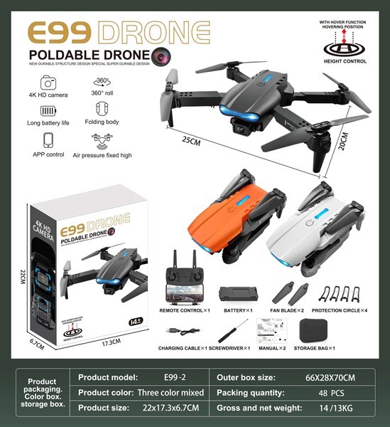 KTE99-2 HỘP MÁY BAY DRONE ĐK TRÊN KHÔNG 4 CÁNH, CÓ SẠC USB+ VÍT + CÓ CAMERA (3 MÀU) E99 DRONE 17.3X6.7X22