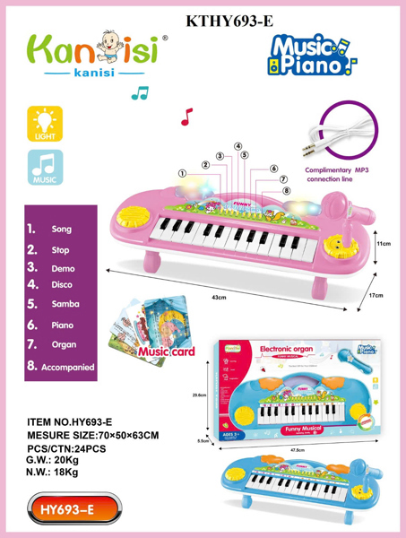 KTHY693-E HỘP ĐÀN ORGAN (PIANO) PIN ĐÈN 25 PHÍM+ MICRO+ THẺ (2 MÀU) FUNNY MUSIC 47.5X5.5X29.6