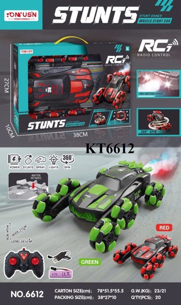KT6612 HỘP XE HƠI ĐỊA HÌNH 6 BÁNH ĐK PHUN KHÓI, ĐÈN, BÁNH XOẮN, CÓ SẠC STUNTS 38X11X27 (2 MÀU)