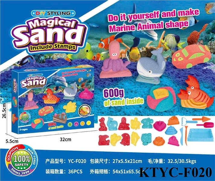 KTYC-F020  HỘP ĐẤT SÉT CÁT NẶN THÚ BIỂN, XE HƠI+ KHUÔN+ KHÂY 600G MAGICAL SAND 32X5.5X26.5